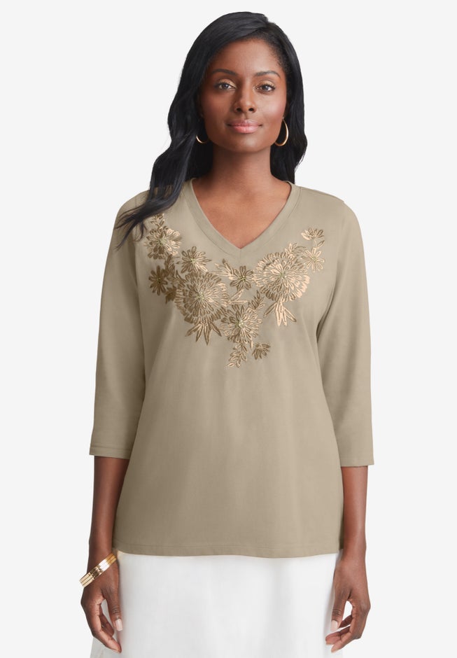 Stretch Cotton Embroidered Tee image number 0