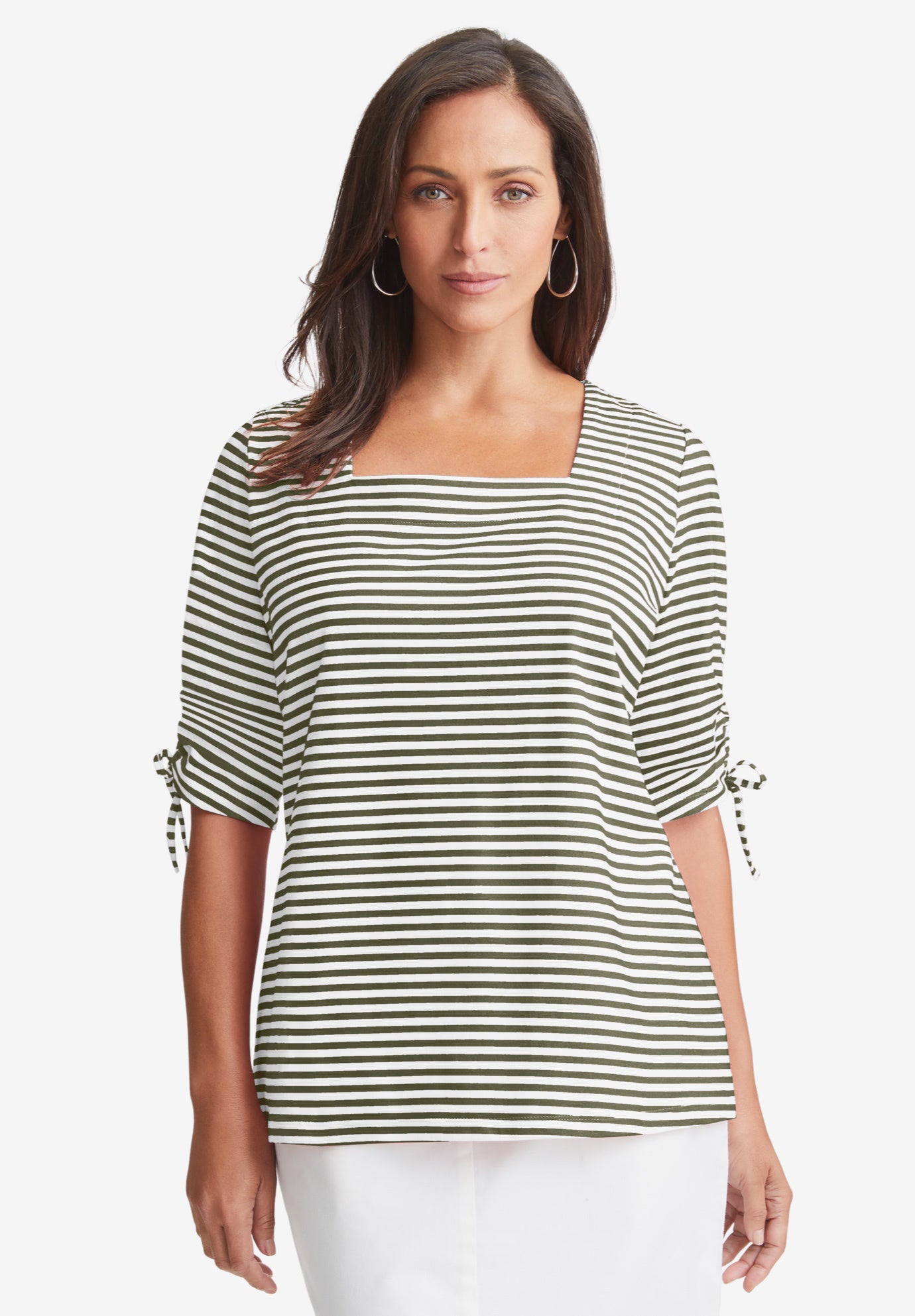 Stretch Cotton Tie Sleeve Square Neck Tee image number 0