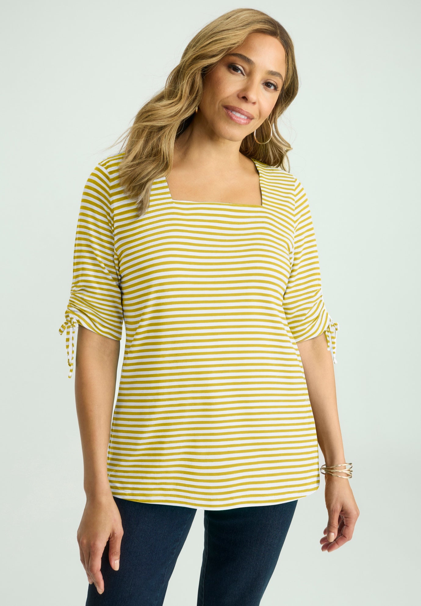 Stretch Cotton Tie Sleeve Square Neck Tee image number 0