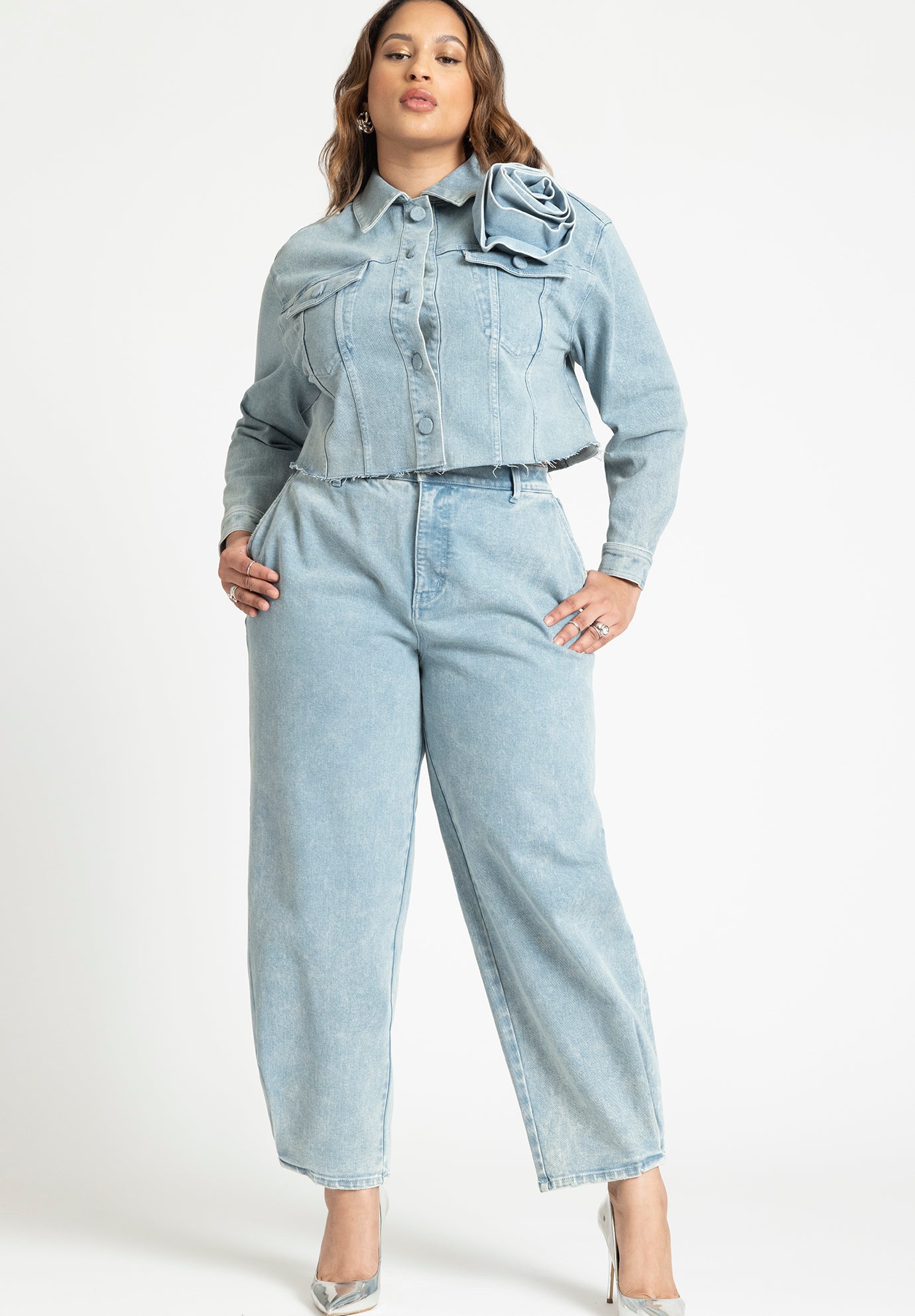 Denim Rosette Cropped Jacket image number 3