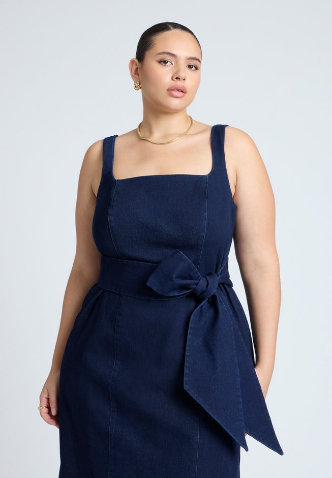 Tie Detail Denim Midi Dress image number null