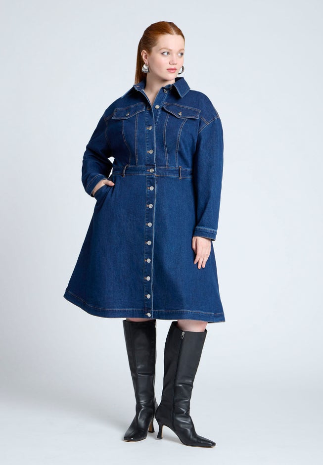 Denim Fit And Flare Shirt Dress image number null
