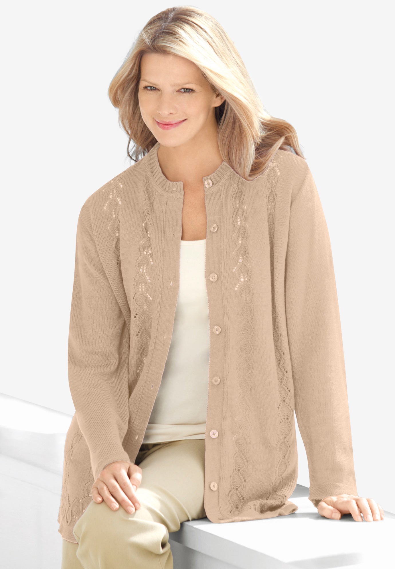 Long-Sleeve Pointelle Cardigan Sweater image number 0