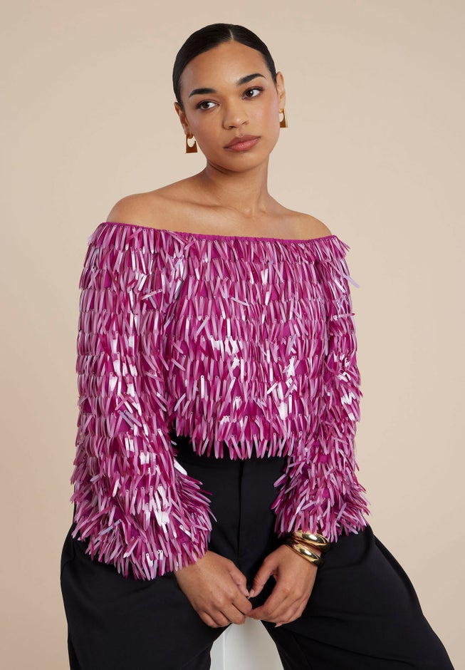 Fringe Sequin Off The Shoulder Top image number 1