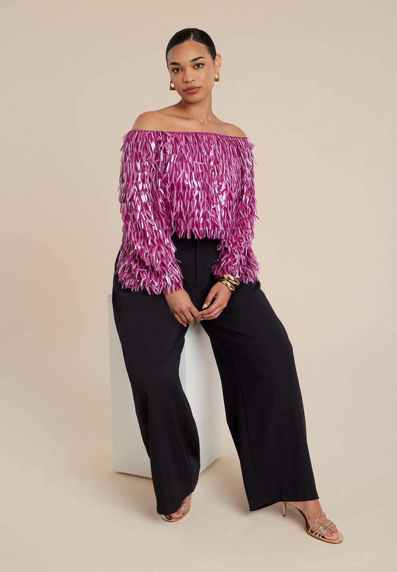 Fringe Sequin Off The Shoulder Top image number 3