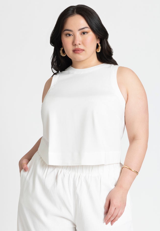 Linen-Blend Boxy Scoop Neck Crop Tank image number 0