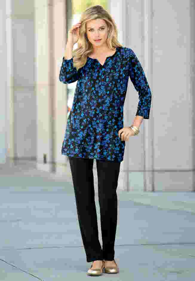 Plus Size Three-Quarter Sleeve Notch Neck Soft Knit Tunic image number 0