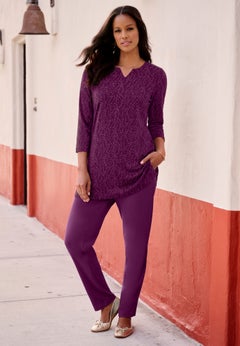 Plus Size Three-Quarter Sleeve Notch Neck Soft Knit Tunic