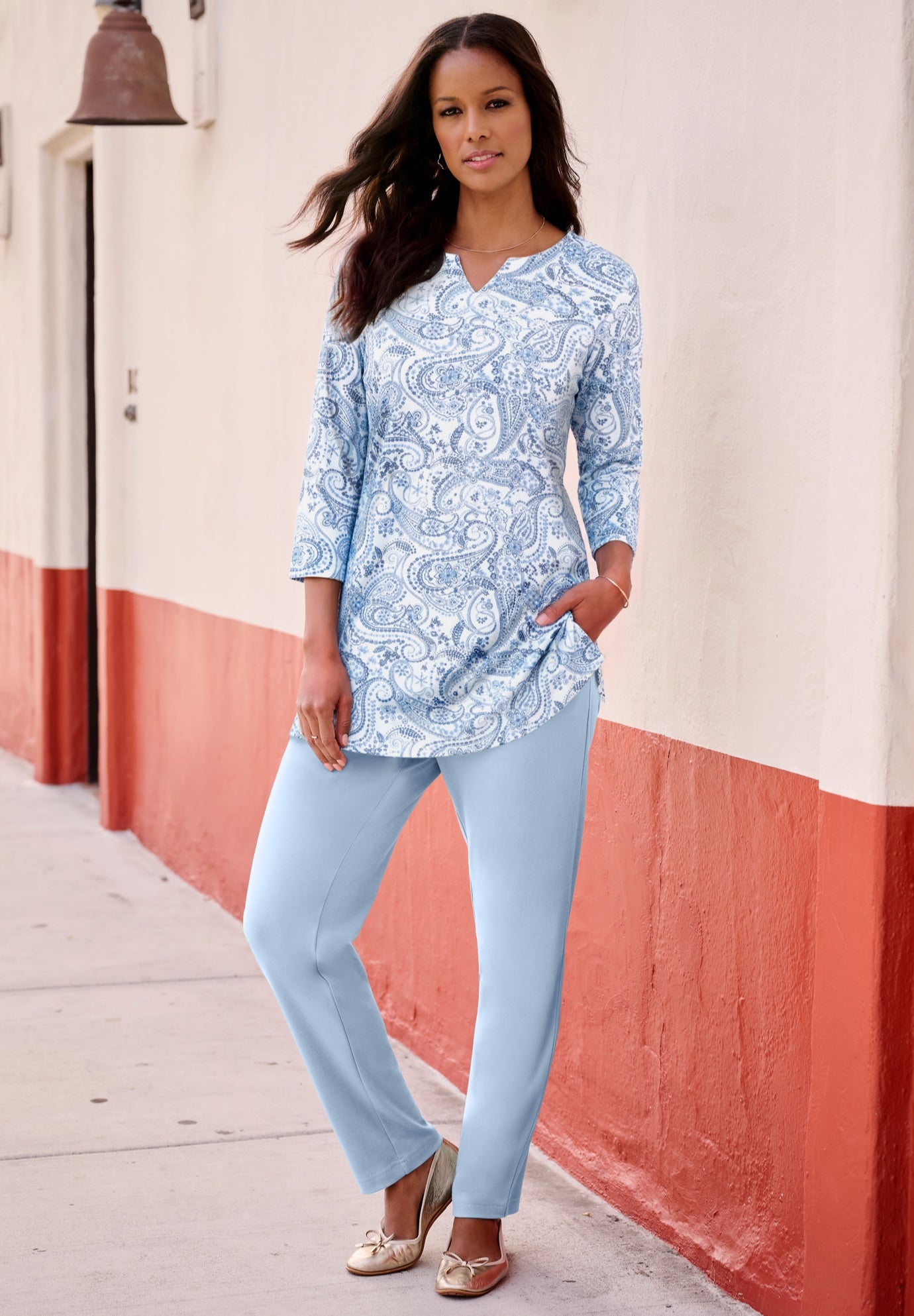 Plus Size Three-Quarter Sleeve Notch Neck Soft Knit Tunic image number 0
