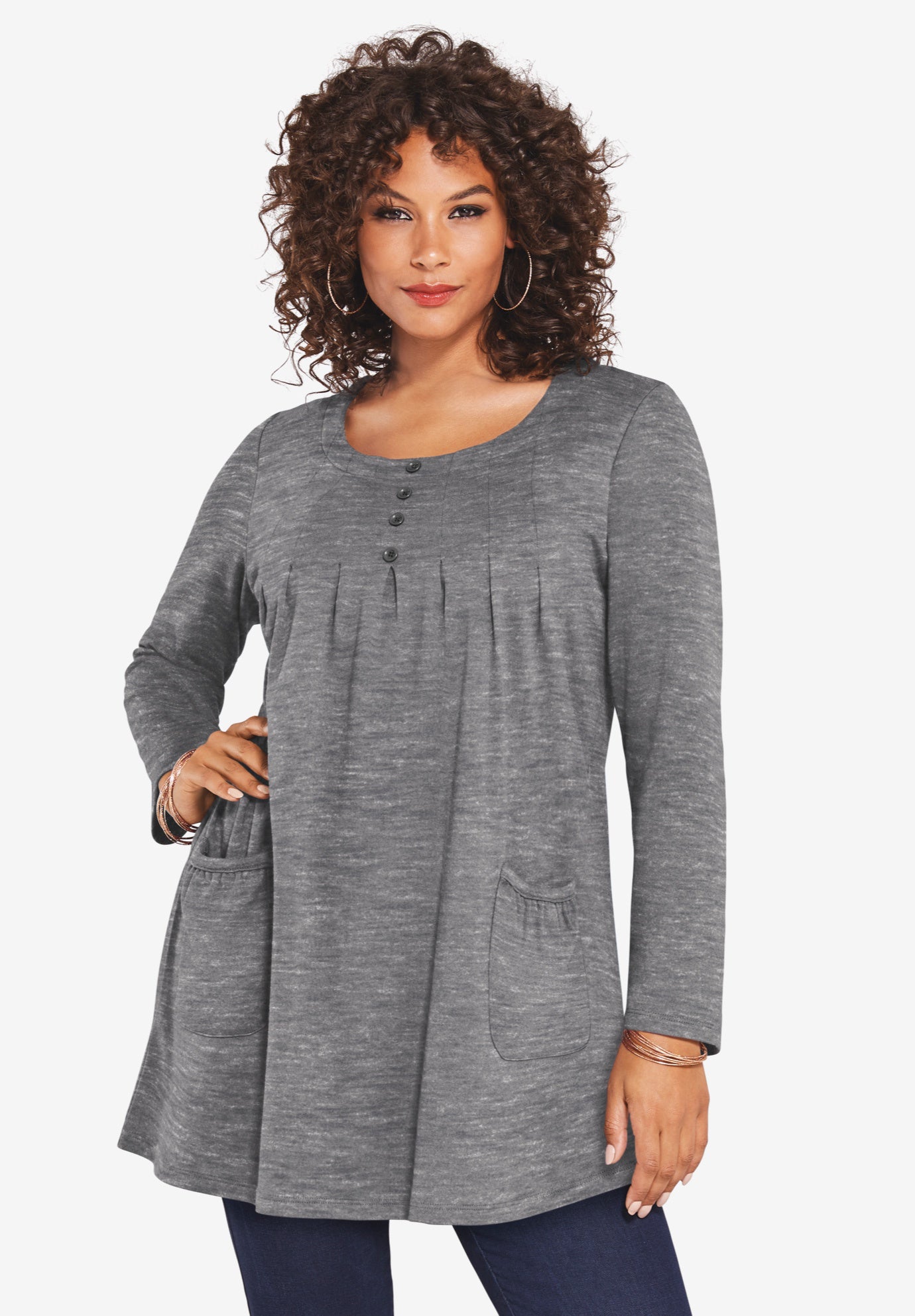 Plus Size Two Pocket Long Sleeve Soft Knit Swing Tunic image number 0