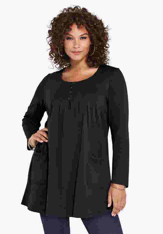 Plus Size Two Pocket Long Sleeve Soft Knit Swing Tunic image number 0