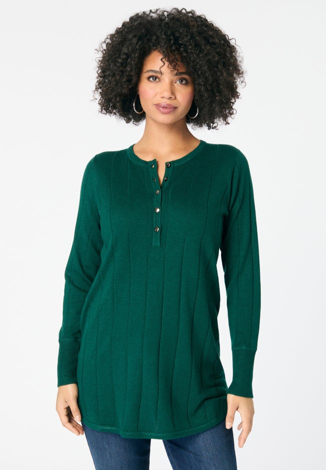 Plus Size Drop Needle Henley Lightweight Sweater Knit image number 1