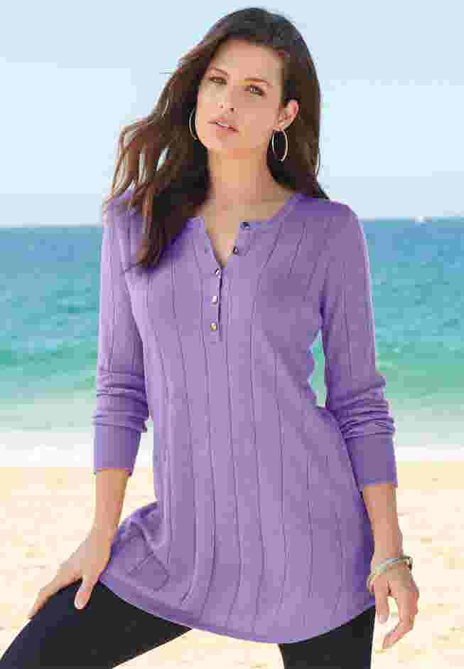 Fine Gauge Drop Needle Henley Sweater image number 3
