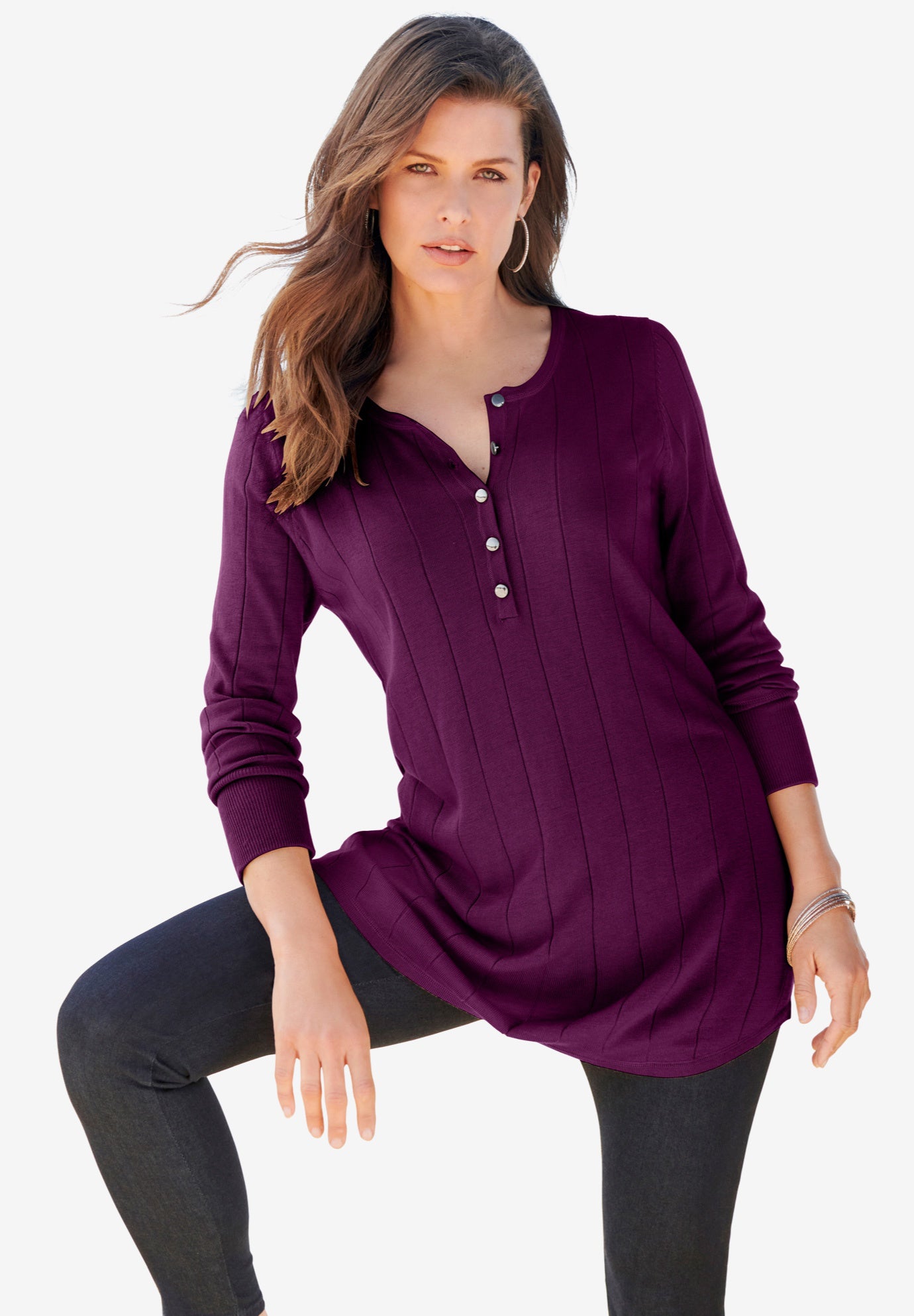 Plus Size Drop Needle Henley Lightweight Sweater Knit image number 1