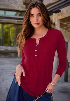 Plus Size Drop Needle Henley Lightweight Sweater Knit