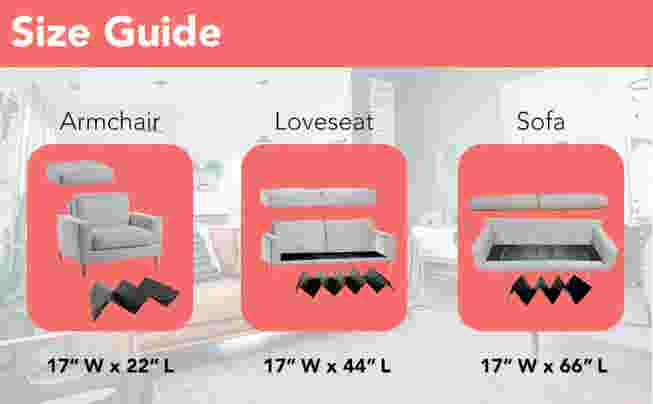 Size guide for armchair, loveseat, and sofa seat savers.
