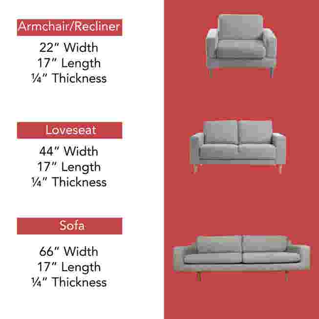 Cushion support seat savers sizing for armchair, loveseat, and sofa.
