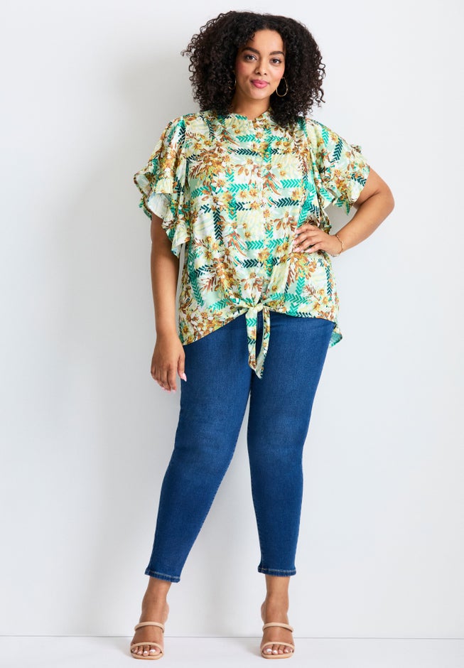 Tie Front Scarf Sleeve Blouse image number 3