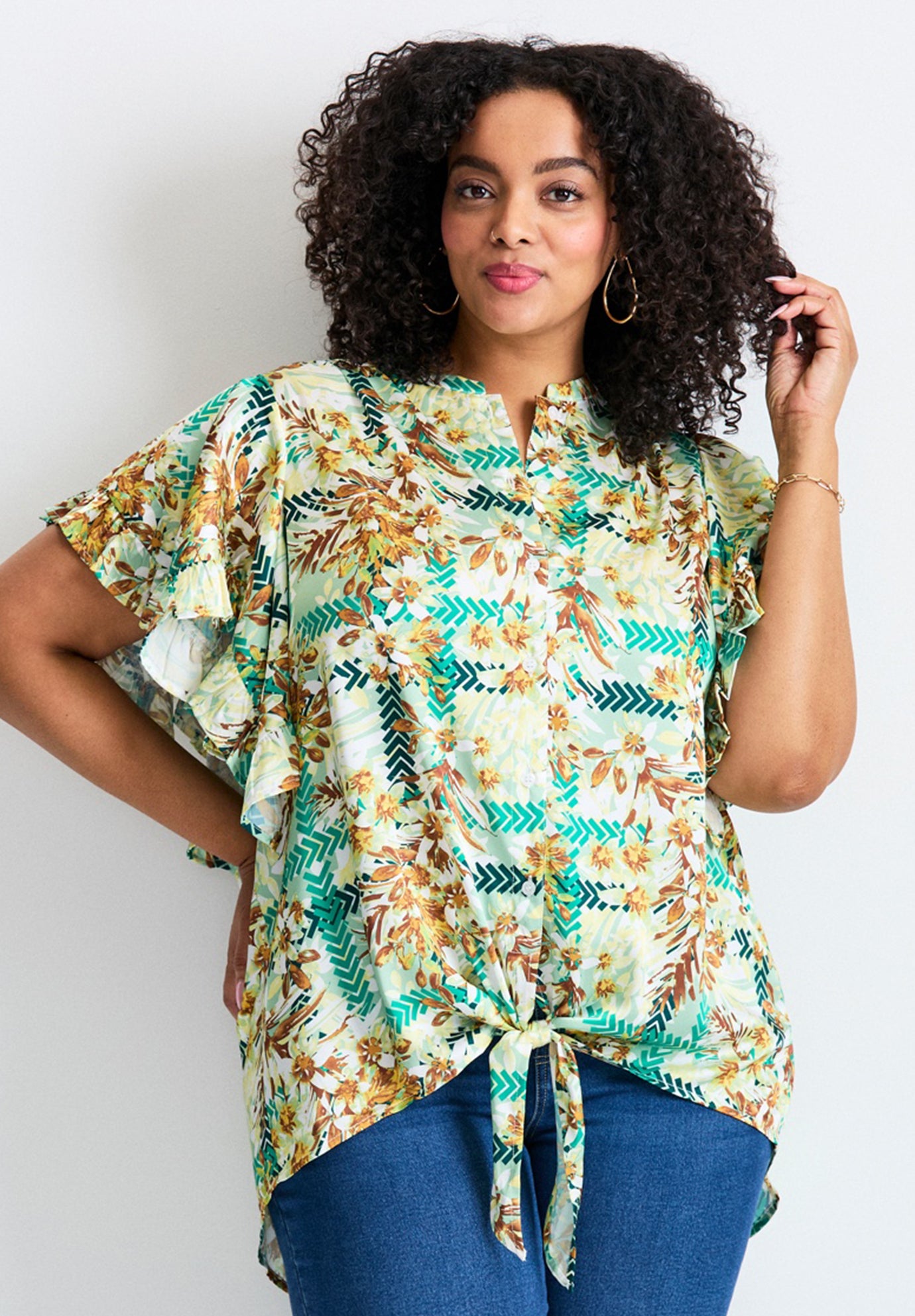 Tie Front Scarf Sleeve Blouse image number 0