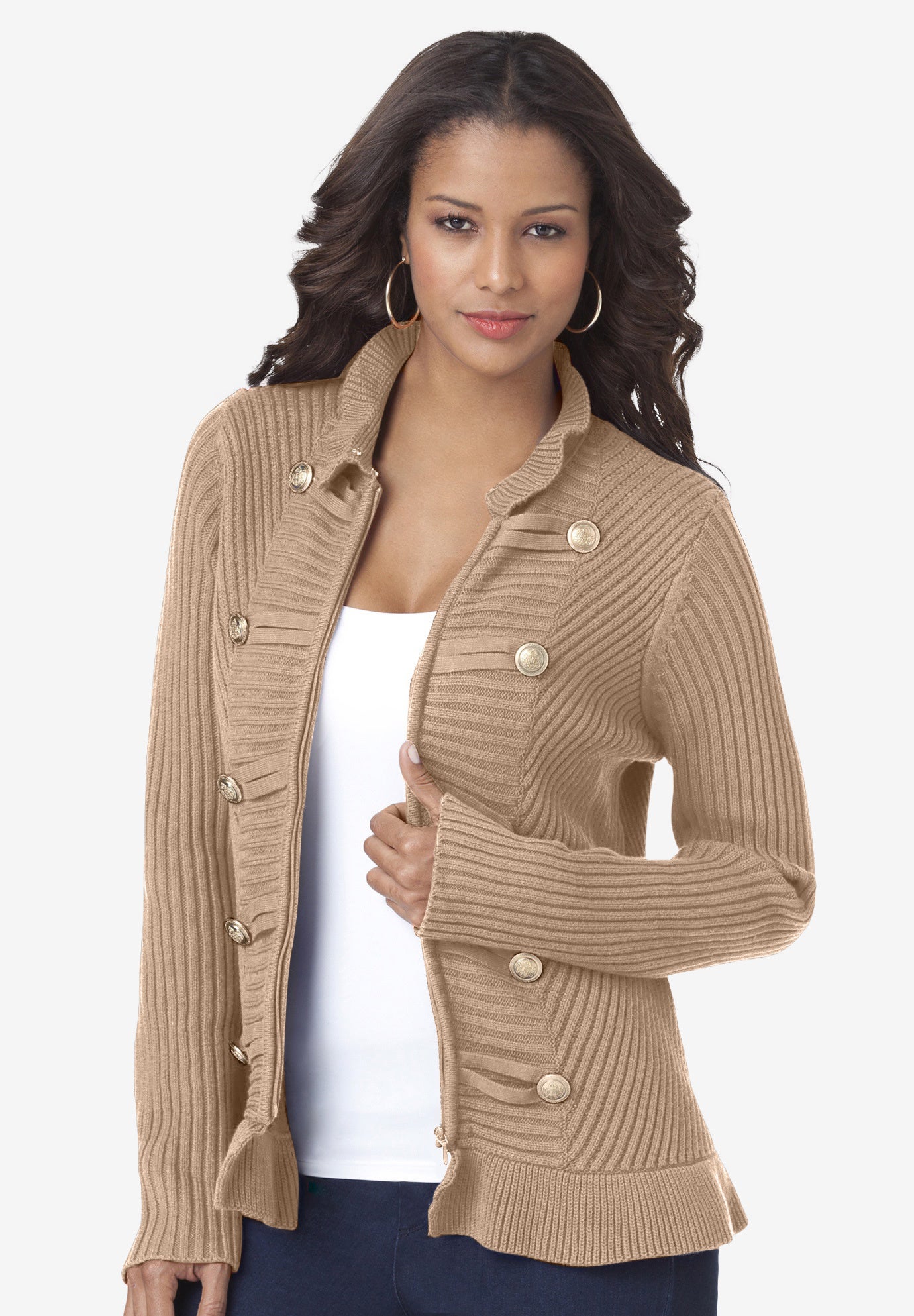 Plus Size Military-Inspired Ribbed Cardigan Sweater image number 0