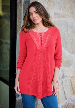 Plus Size Lace Yoke Pullover Sweater