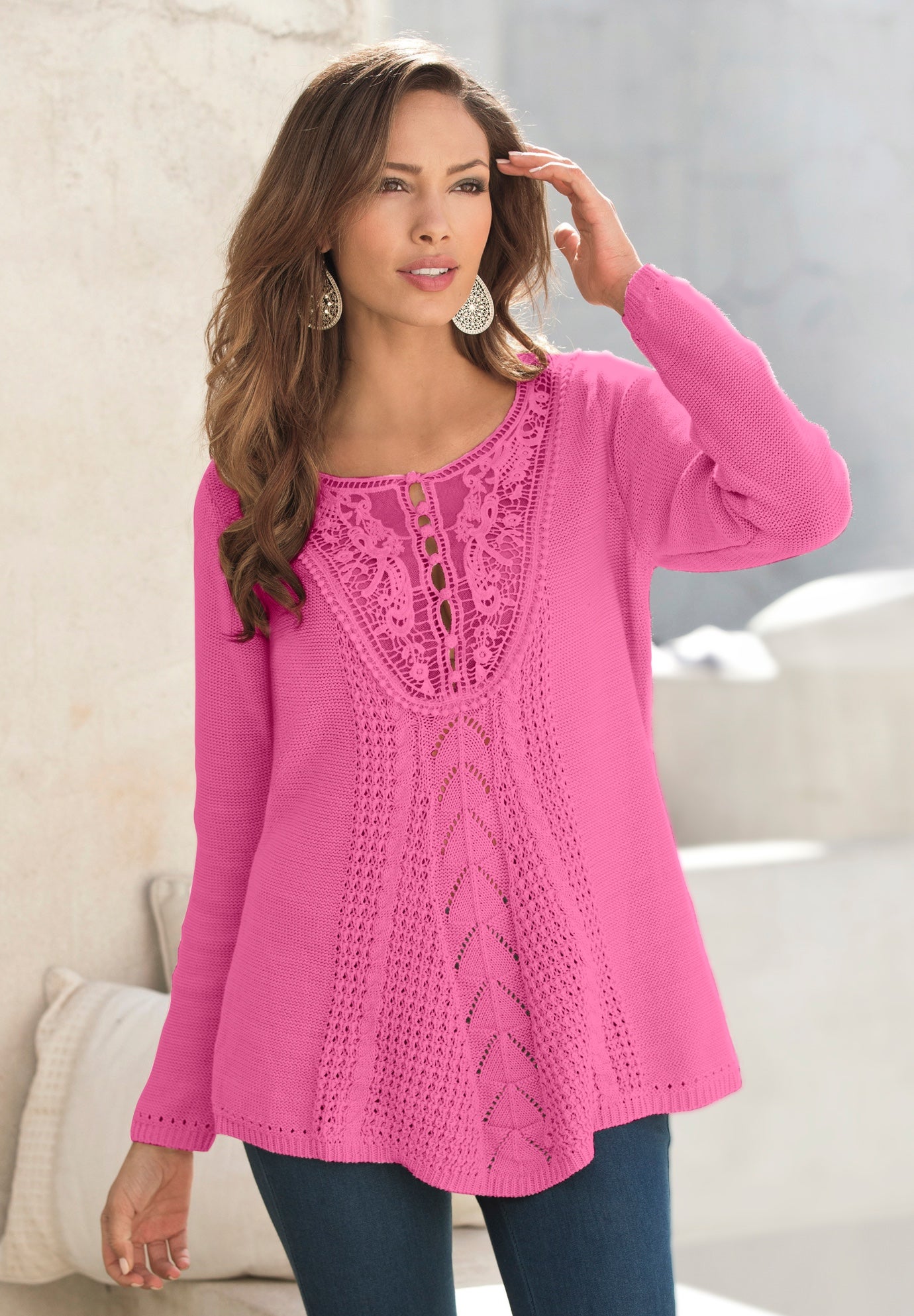 Plus Size Lace Yoke Pullover Sweater image number 0