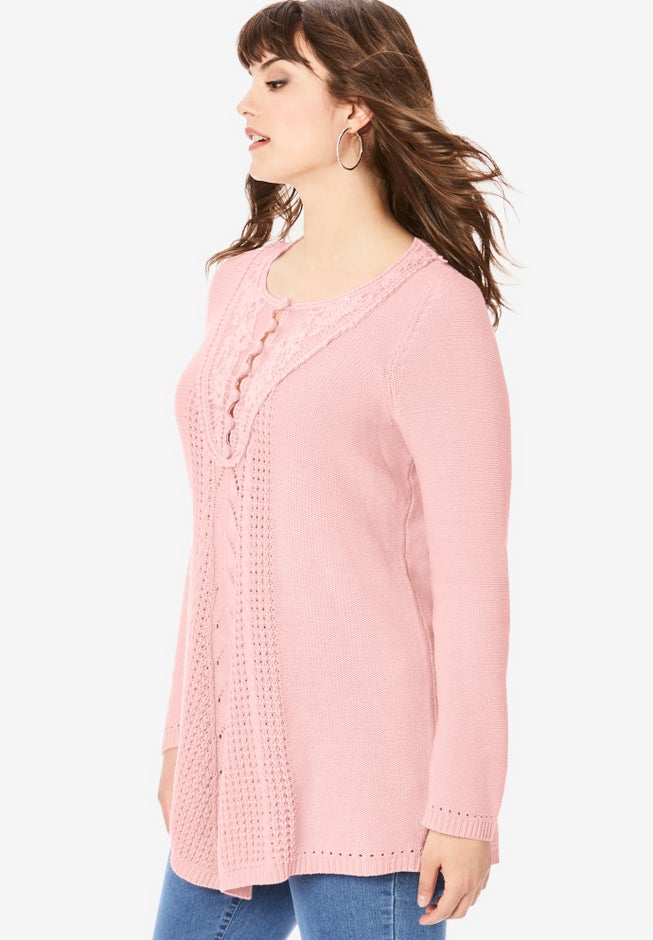 Plus Size Lace Yoke Pullover Sweater image number 3