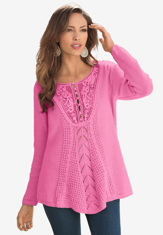 Plus Size Lace Yoke Pullover Sweater image number 2