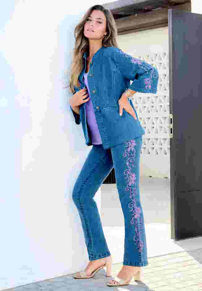 Embroidered Button Front Peplum Denim Jacket image number 1