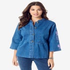 Embroidered Button Front Peplum Denim Jacket image number null