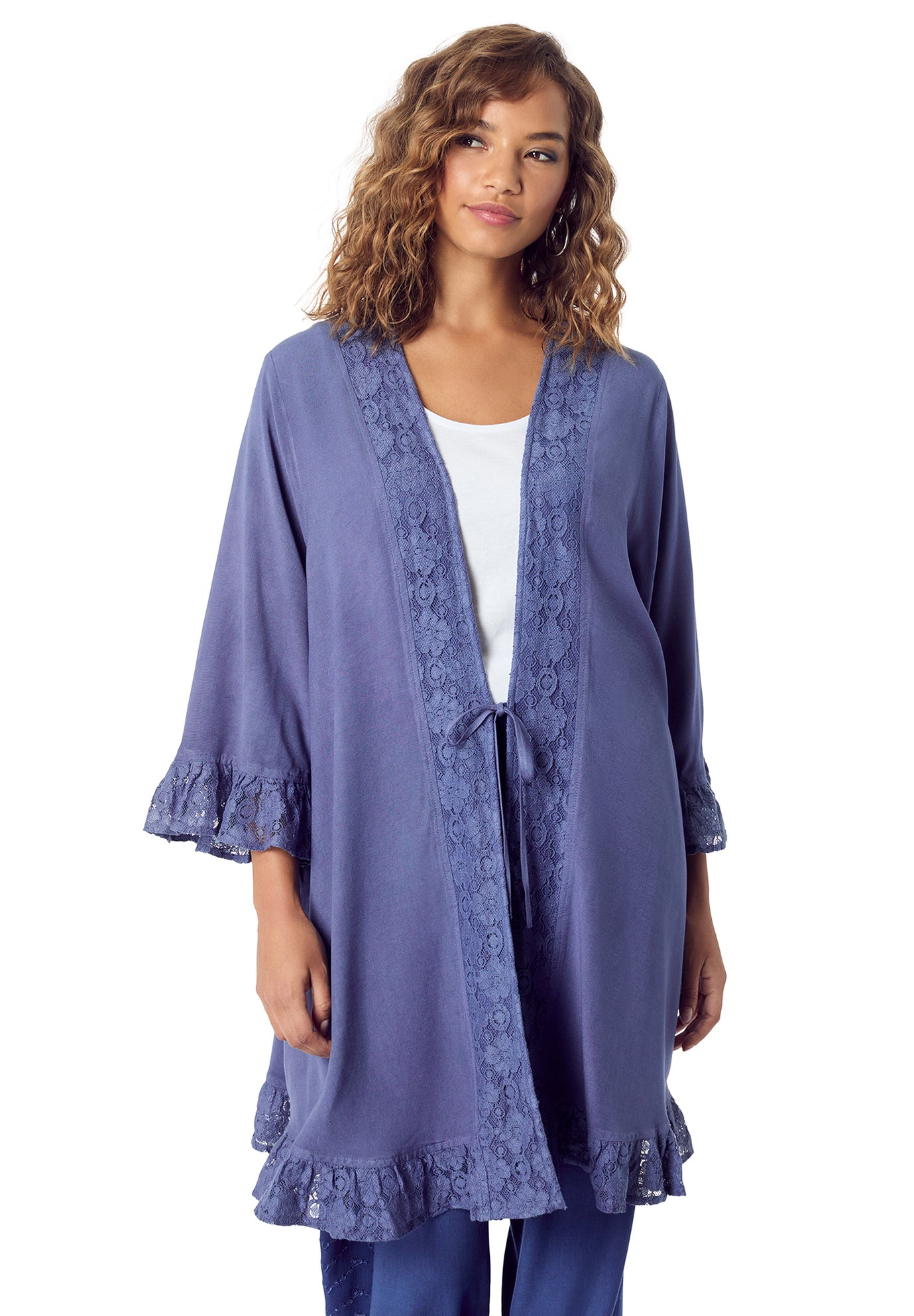 Ruffle Trimmed Acid Wash Kimono image number 0