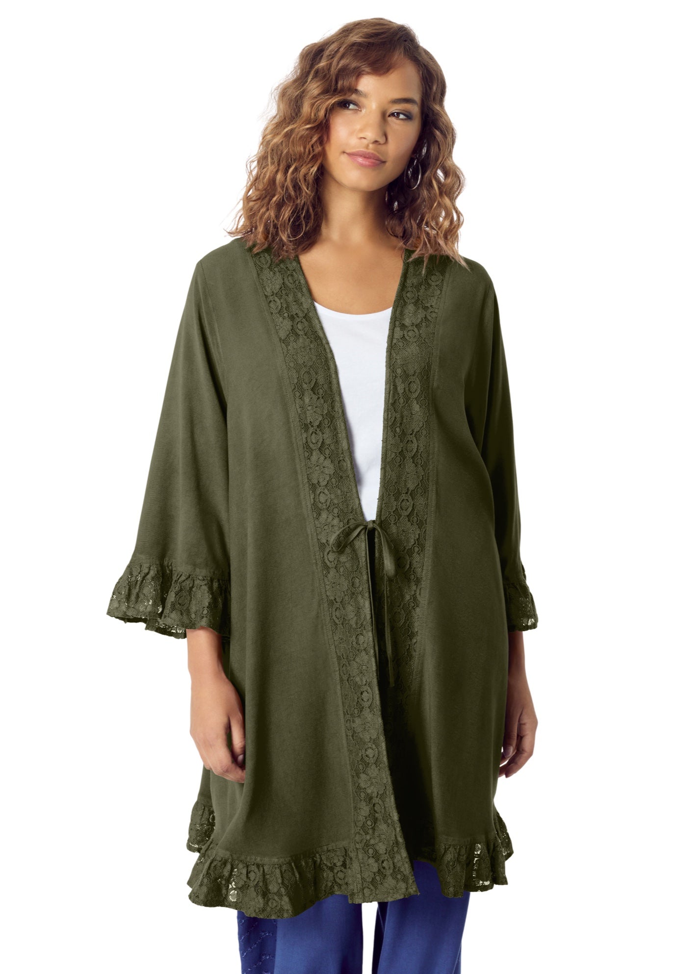 Ruffle Trimmed Acid Wash Kimono image number 0
