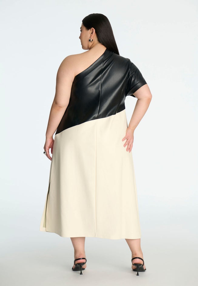One Shoulder Colorblock Faux Leather Dress image number null