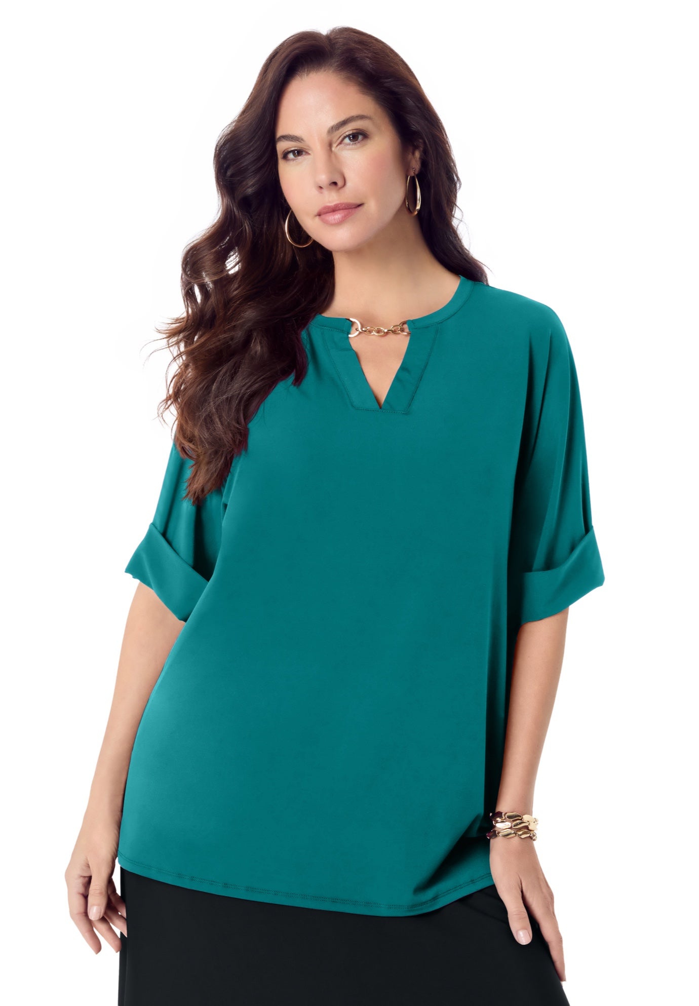 Ultrasmooth® Fabric V Neck Tee with Chain Detail image number 0