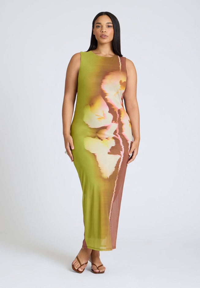 Printed Mesh Dress With Shirring image number null