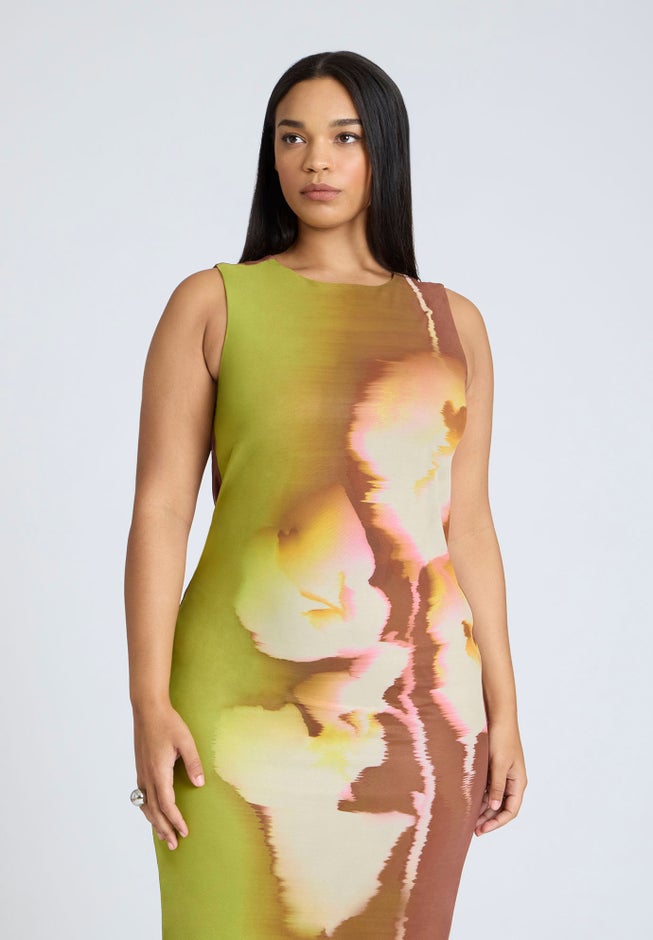 Printed Mesh Dress With Shirring image number null