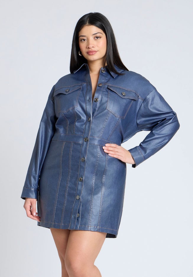 Coated Denim Mini Dress image number 2