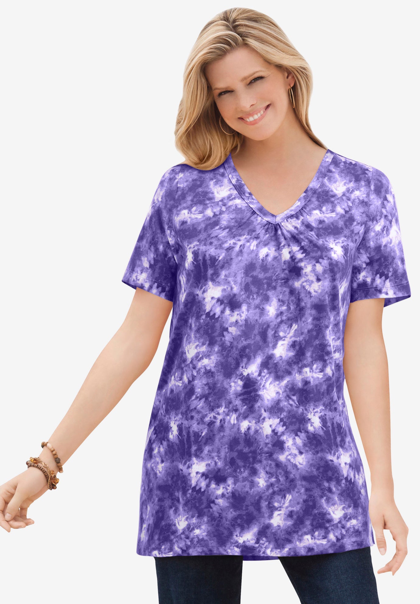 Perfect Printed Short-Sleeve Shirred V-Neck Tunic image number 0