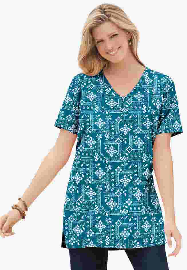 Perfect Printed Short-Sleeve Shirred V-Neck Tunic image number 0