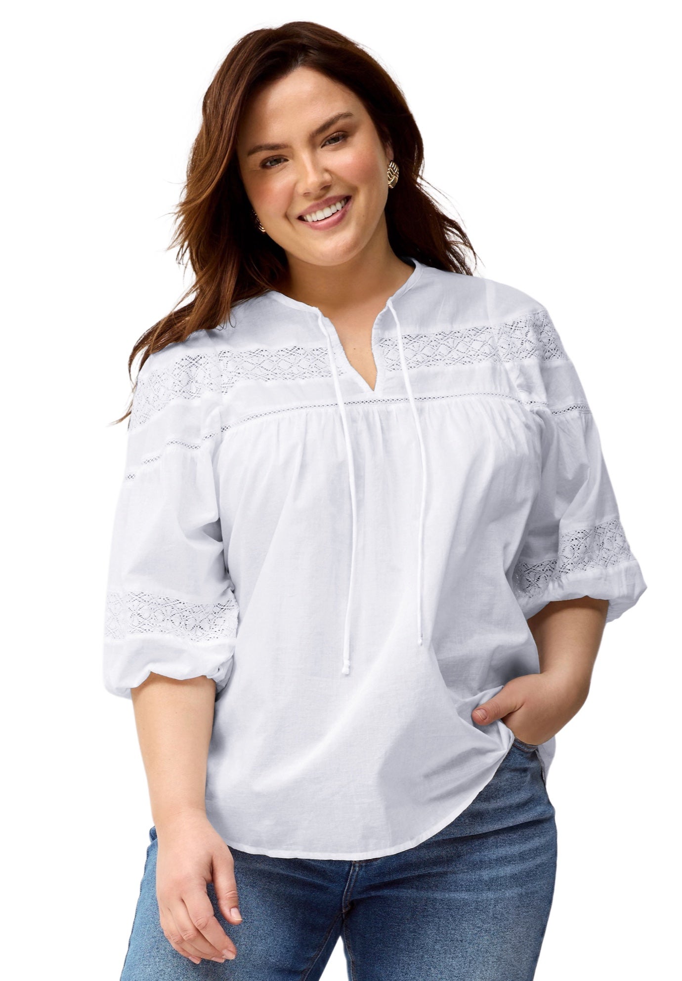 Keyhole Neck Blouse with Crochet Trim image number 0