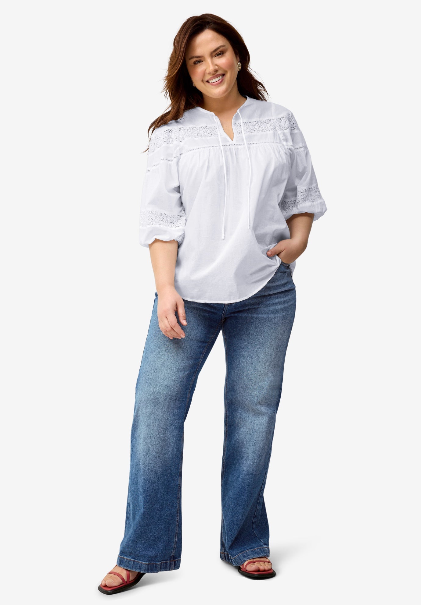 Keyhole Neck Blouse with Crochet Trim image number 0