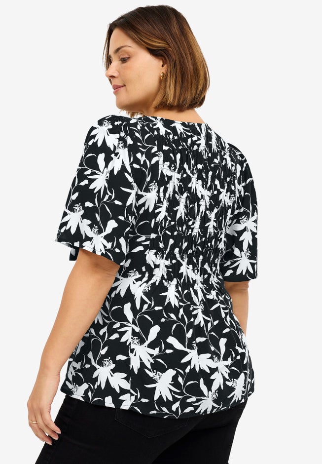 V-Neck A-Line Blouse with Smocked Bodice image number 1