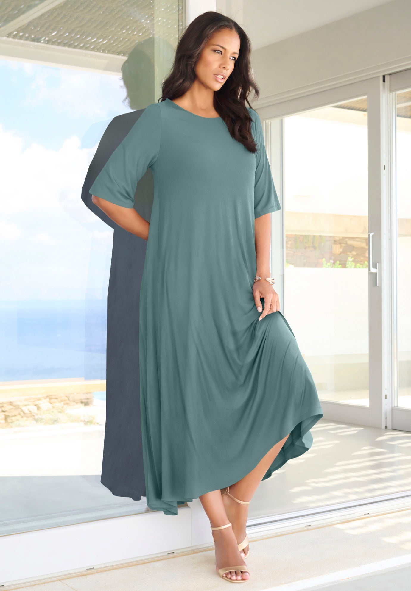 Plus Size Stretch Knit High Low Short Sleeve Maxi Dress image number 0