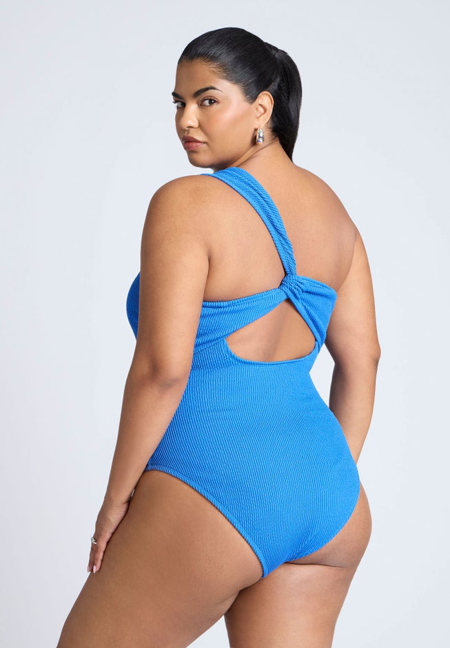 One Shoulder Twist Back Textured Swimsuit image number 2