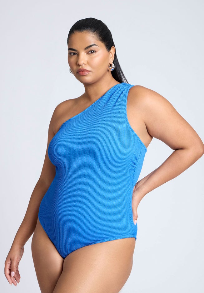 One Shoulder Twist Back Textured Swimsuit image number 3