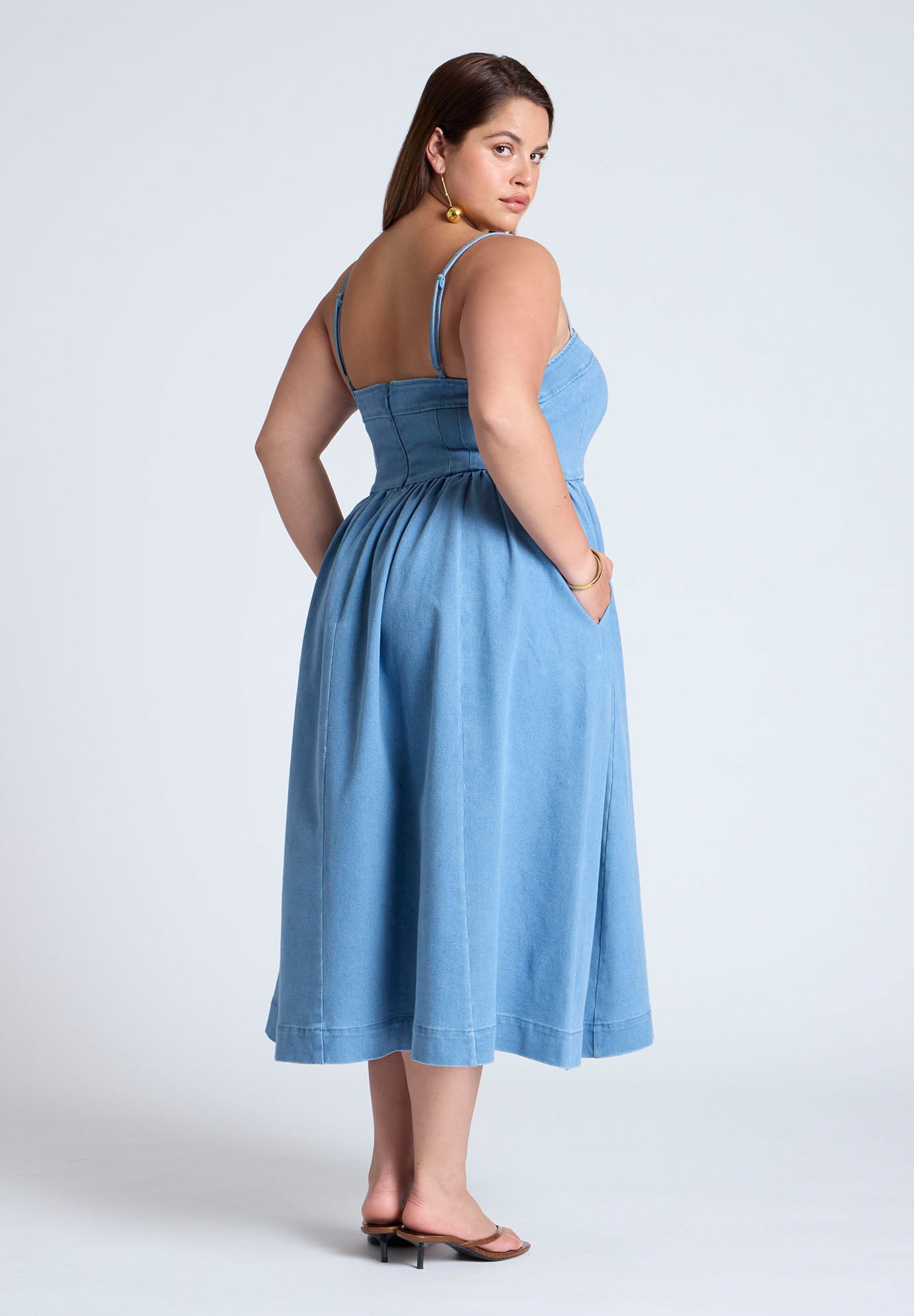 Denim Corset Bodice Midi Dress image number 1