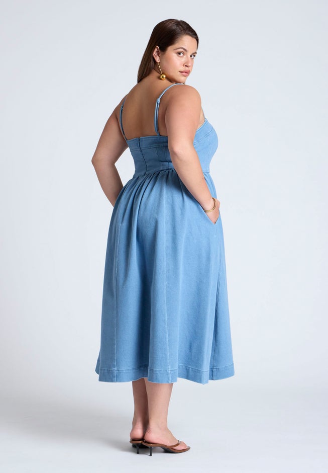 Denim Corset Bodice Midi Dress image number 1