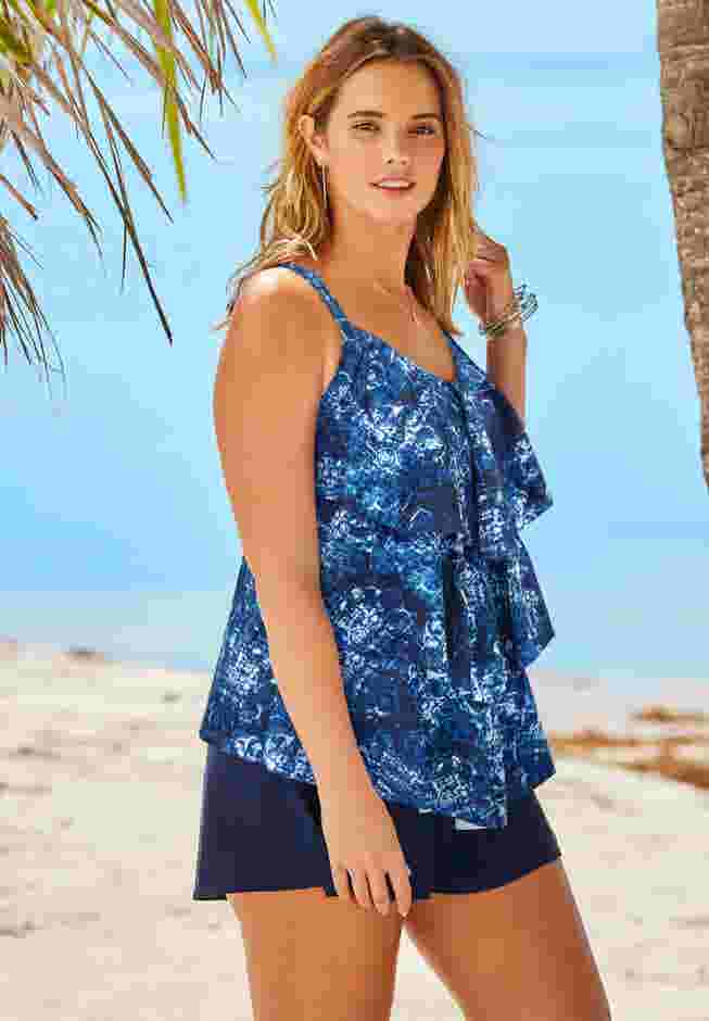 Longer-Length Tiered-Ruffle Tankini Top image number 2