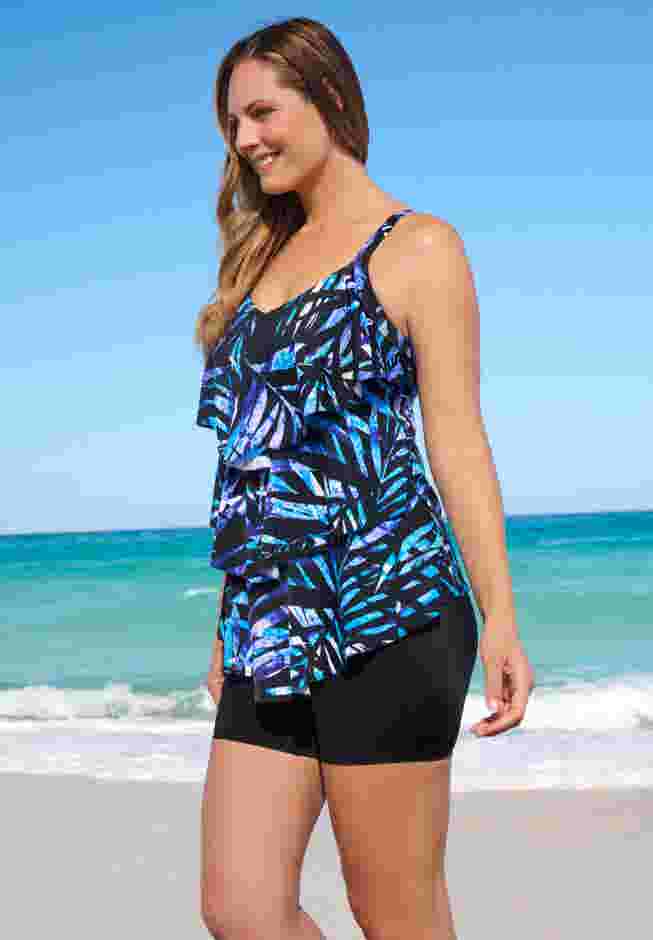 Longer-Length Tiered-Ruffle Tankini Top image number 2