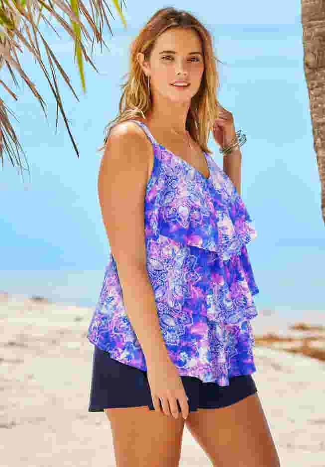 Longer-Length Tiered-Ruffle Tankini Top image number 2